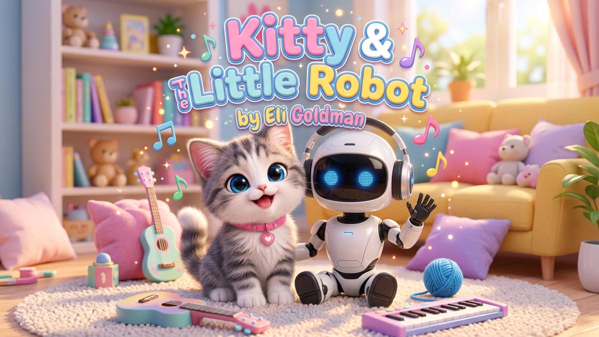 Cute kitten and little robot, best friends in Eli Goldman’s kids’ K-pop single